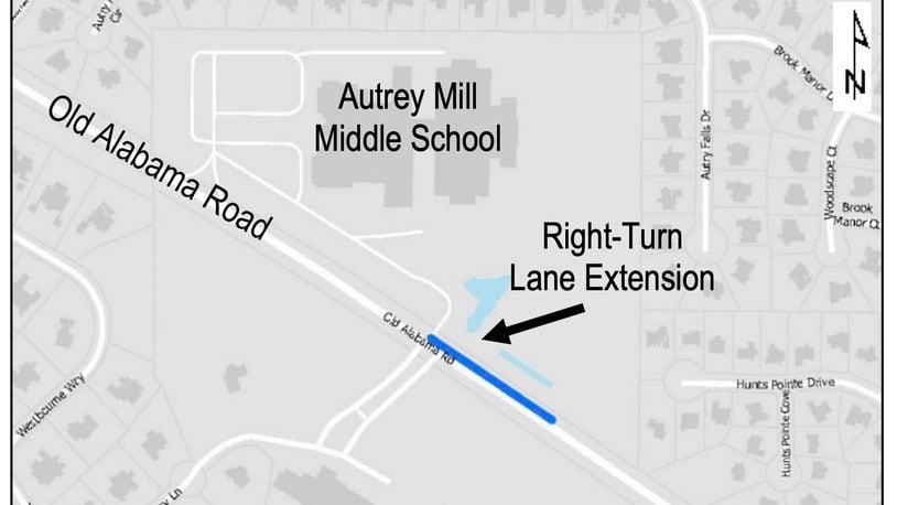 Johns Creek recently approved a contract  for a right turn lane extension along Old Alabama Road at Autrey Mill Middle School. COURTESY CITY OF JOHNS CREEK