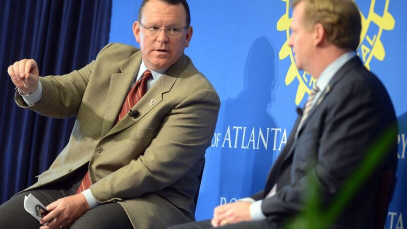 November 5, 2012 ATLANTA Falcons announcer Wes Durham (LEFT) moderates a question and answer session as NFL commissioner Roger Goodell visits the Atlanta Rotary Club and we cover the event to gauge how much of this appearance is to help sell community leaders on a new stadium for the Falcons. KENT D. JOHNSON / AJC
