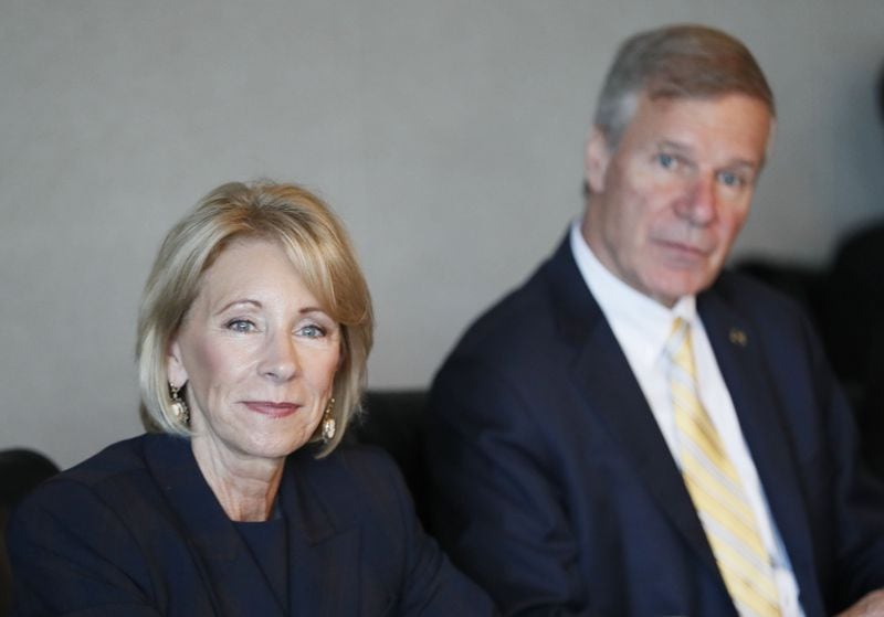 Betsy DeVos joins G. P. "Bud" Peterson, Georgia Tech president, at a session to learn about Tech's efforts to rethink college education Wednesday on the Tech campus.