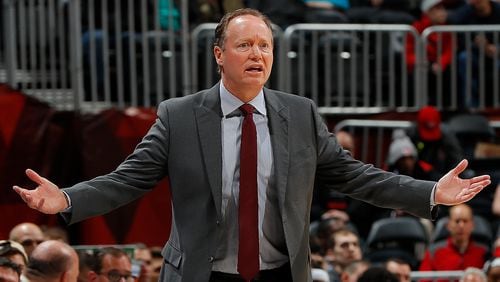 Mike Budenholzer of the Atlanta Hawks reacts to a call during the game against the Charlotte Hornets at Philips Arena on January 31, 2018 in Atlanta, Georgia. (Photo by Kevin C. Cox/Getty Images)