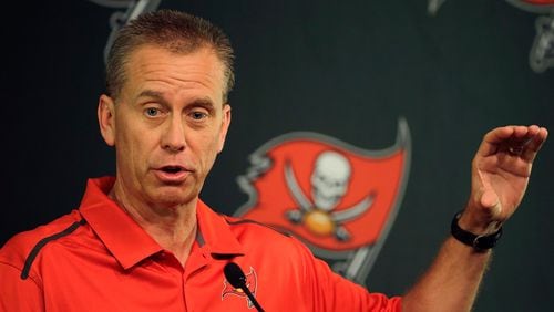 New Tampa Bay Buccaneers offensive coordinator Todd Monken during a news conference at the team's training facility Thursday, Jan. 28, 2016, in Tampa, Fla. Monken will also be the wide receivers coach. He was formerly the head coach at the University of Southern Miss. (AP Photo/Chris O'Meara)