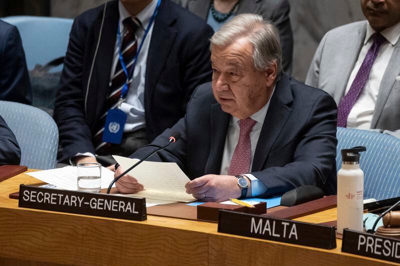 United Nations Secretary-General Antonio Guterres addresses the United Nations Security Council during an emergency meeting at U.N. headquarters, Sunday, April 14, 2024. (AP Photo/Yuki Iwamura)