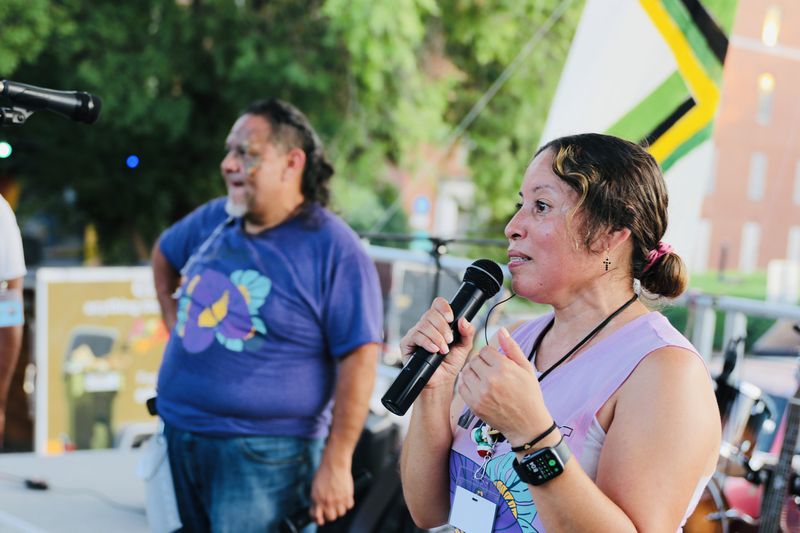 Teter Gaona addresses the crowd at the LatinxFest in Athens on July 29, 2023. (Photo provided by Dignidad Inmigrante en Athens)
