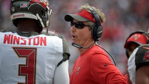 FILE - In this Nov. 15, 2015, file photo, Tampa Bay Buccaneers offensive coordinator Dirk Koetter talks to quarterback Jameis Winston (3) during an NFL football game against the Dallas Cowboys, in Tampa, Fla. The Tampa Bay Buccaneers announced that they have named Dirk Koetter the 11th head coach in franchise history, Friday, Jan. 15, 2016. (AP Photo/Phelan M. Ebenhack, File) The Associated Press
