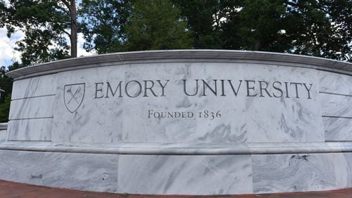 The main sign leading to Emory University’s campus in Atlanta’s Druid Hills neighborhood.