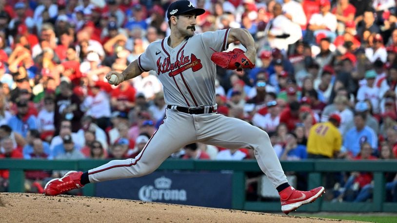 Braves starting pitcher Spencer Strider (65) delivers to the Philadelphia Phillies during the first inning of game three of the National League Division Series at Citizens Bank Park in Philadelphia on Friday, October 14, 2022. (Hyosub Shin / Hyosub.Shin@ajc.com)