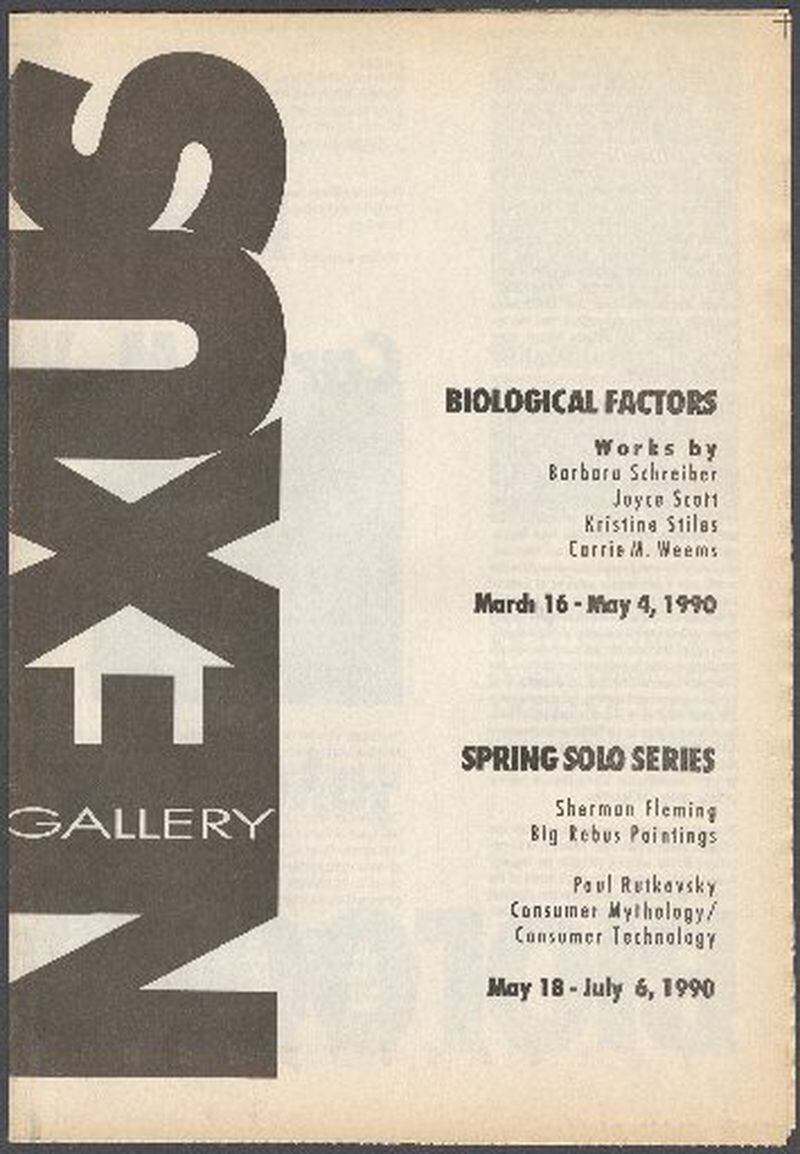 The 1990 Nexus Gallery exhibit catalog for "Biological Factors" and the "Spring Solo Series" is part of the Atlanta Contemporary Art Center records recently acquired by the Manuscript, Archives, and Rare Book Library, Emory University. CONTRIBUTED BY MARBL
