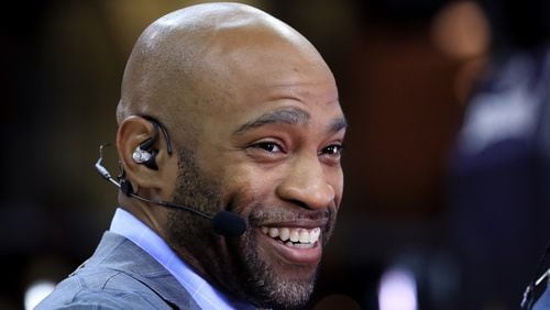 NBA player Vince Carter looks on as a broadcaster before Game 3 of the 2017 NBA Finals between the Golden State Warriors and the Cleveland Cavaliers at Quicken Loans Arena on June 7, 2017 in Cleveland, Ohio.
