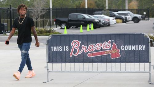 Braves outfielder Ronald Acuna arrives Wednesday, Feb. 12, 2020, to the team's new spring training facility in North Port, Fla. After two decades in Lake Buena Vista, Fla., the Braves will hold spring games in South Florida.