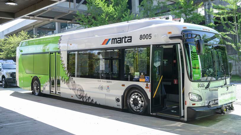One of MARTA’s new electric buses that was unveiled at the Edgewood/Candler Park station in Atlanta on Friday, April 22, 2022. The buses will be put into service on May 1 (Natrice Miller / natrice.miller@ajc.com)