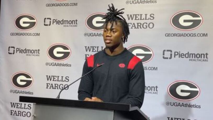 Georgia defensive back Javon Bullard answers questions during a news conference earlier this season. The four-game starter was arrested early Sunday. (Chip Towers/AJC)
