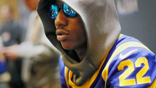 Rams cornerback Marcus Peters with the hoodie and sunglasses on Thursday. (Bob Andres/bandres@ajc.com)