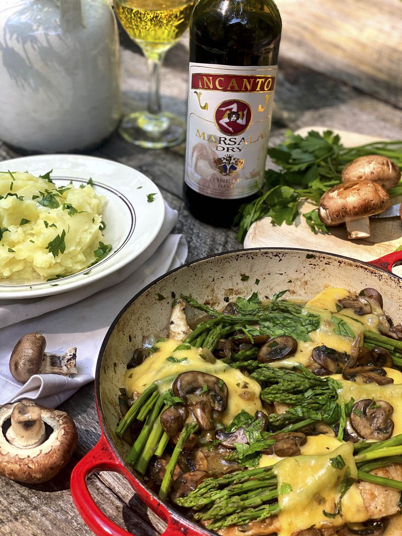 Paulina Brand’s Chicken Marsala with Gouda and Asparagus is an Italian classic with a twist. Courtesy of Paulina Brand