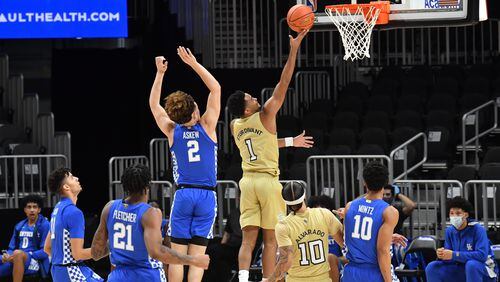 December 6, 2020 Atlanta - Georgia Tech's guard Kyle Sturdivant (1) goes to the basket for a shot in the first half against Kentucky during Pit Boss Grills Holiday Hoopsgiving Sunday, Dec. 6, 2020, at State Farm Arena in Atlanta. (Hyosub Shin / Hyosub.Shin@ajc.com)