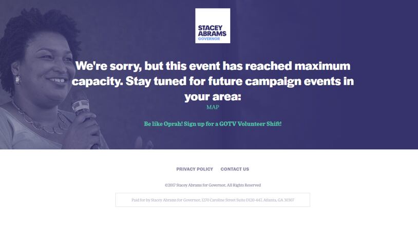 A screenshot of the message on Stacey Abrams' website showing capacity has been reached for campaign events on Thursday featuring Oprah Winfrey.