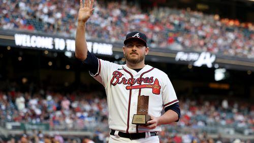 Atlanta Braves relief pitcher Tyler Matzek is honored as the Braves nomination for the Roberto Clemente award before the Braves game against the Philadelphia Phillies at Truist Park, Sept. 17, 2022, in Atlanta. (Jason Getz / Jason.Getz@ajc.com)