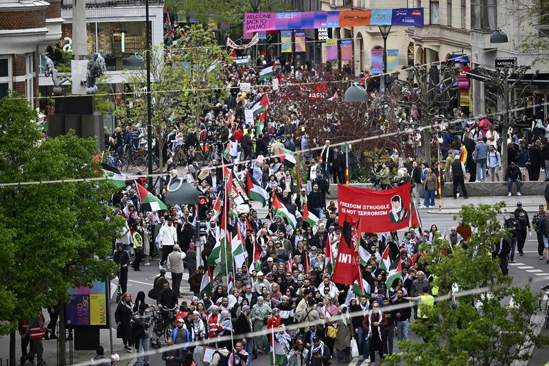 Protesters take part in the Stop Israel demonstration in Malmo, Sweden, Thursday, May 9, 2024. Several protests are expected against Israel's participation in the 68th edition of the Eurovision Song Contest (ESC) at the Malmo Arena. (Johan Nilsson/TT News Agency via AP)