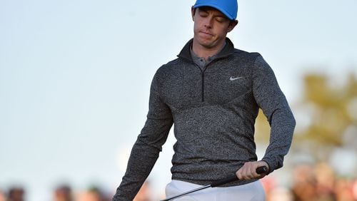 APRIL 9, 2016 AUGUSTA A frustrated Rory McIlroy reacts after his par putt on the 18th green during the third round of the 80th Masters at the Augusta National Golf Club, Saturday, April 9, 2016. Brant Sanderlin/bsanderlin@ajc.com