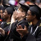 Oglethorpe University graduates cheer during the commencement ceremony on Saturday, May 20, 2023. CHRISTINA MATACOTTA FOR THE ATLANTA JOURNAL-CONSTITUTION.