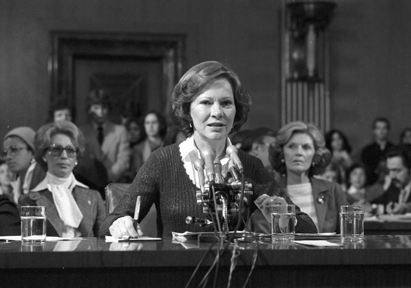 Rosalynn Carter testifies on behalf of the President’s Commission on Mental Health before the Senate Subcommittee on Health and Scientific Research of the Committee on Labor and Human Resources on Feb. 7, 1979. She was the second first lady to appear before Congress. (Jimmy Carter Library)