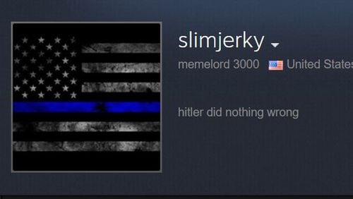 Former Spalding County Detention Officer Jesse Jones’ profile on the online gaming platform Steam proclaims “Hitler did nothing wrong.”