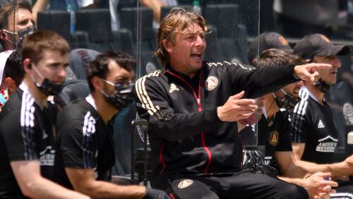 Atlanta United head coach Gabriel Heinze guides his team as they play Inter Miami during the first half of an MLS soccer match, Sunday, May 9, 2021, in Fort Lauderdale, Fla. (AP Photo/Jim Rassol)