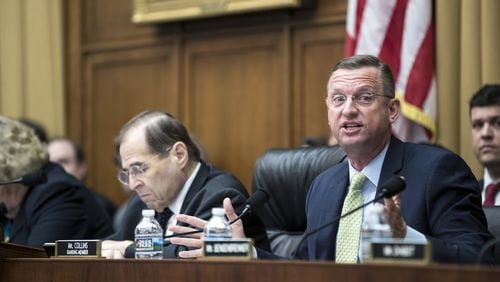 From left, House Judiciary Committee Chairman Jerold Nadler (D-N.Y.) listens as Rep. Doug Collins (R-Ga.), the top Republican on the committee, speaks during a hearing in Washington on Thursday, May 2, 2019. (Sarah Silbiger/The New York Times)