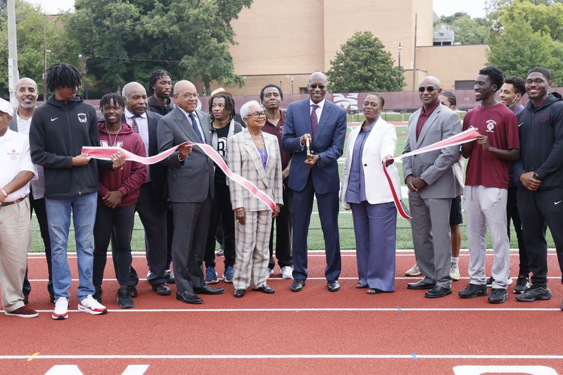 Multi-Olympic medalist Edwin Moses participates in the ribbon-cutting ceremony on the track that bears his name at Morehouse College in Atlanta on Tuesday, August 23, 2022. Miguel Martinez / miguel.martinezjimenez@ajc.com
