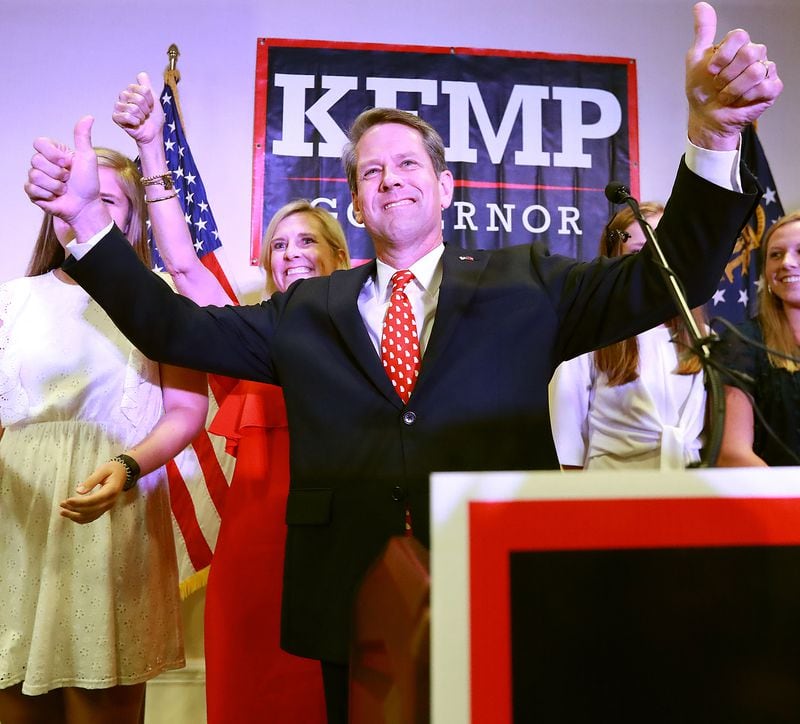 July 24, 2018 Athens: Secretary of State Brian Kemp gives his victory speech in the GOP runoff election at the Holiday Inn on Tuesday, July 24, 2018, in Athens.    Curtis Compton/ccompton@ajc.com