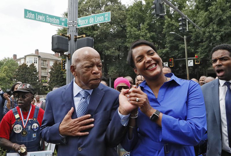 The City of Atlanta made two tributes to Rep. John Lewis in 2018, including the renaming of Freedom Parkway to "John Lewis Freedom Parkway." The dedication, led by then Mayor Keisha Lance Bottoms, included the unveiling of a play space near the existing Thornton Dial sculpture, "The Bridge." (Bob Andres / bandres@ajc.com)