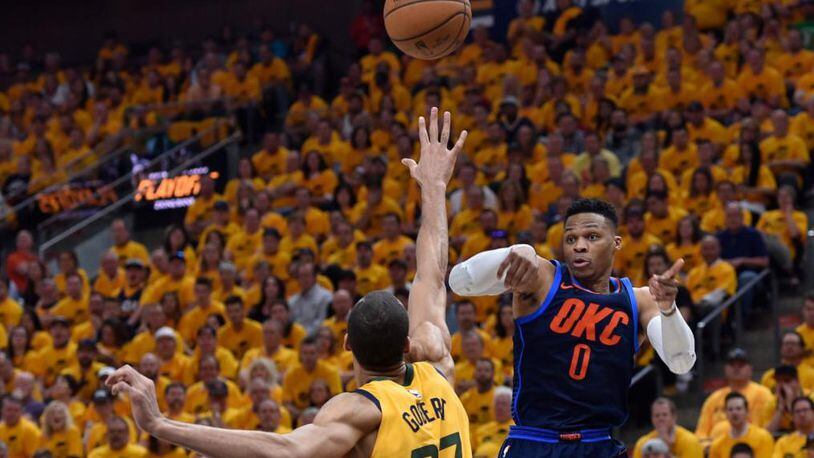 Russell Westbrook. right, scored 46 points in a losing effort Friday night in Salt Lake CIty.