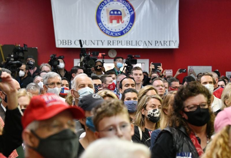 Republicans gather for an event at the Cobb County GOP Headquarters in Marietta on Nov. 11, 2020. (Hyosub Shin/The Atlanta Journal-Constitution)