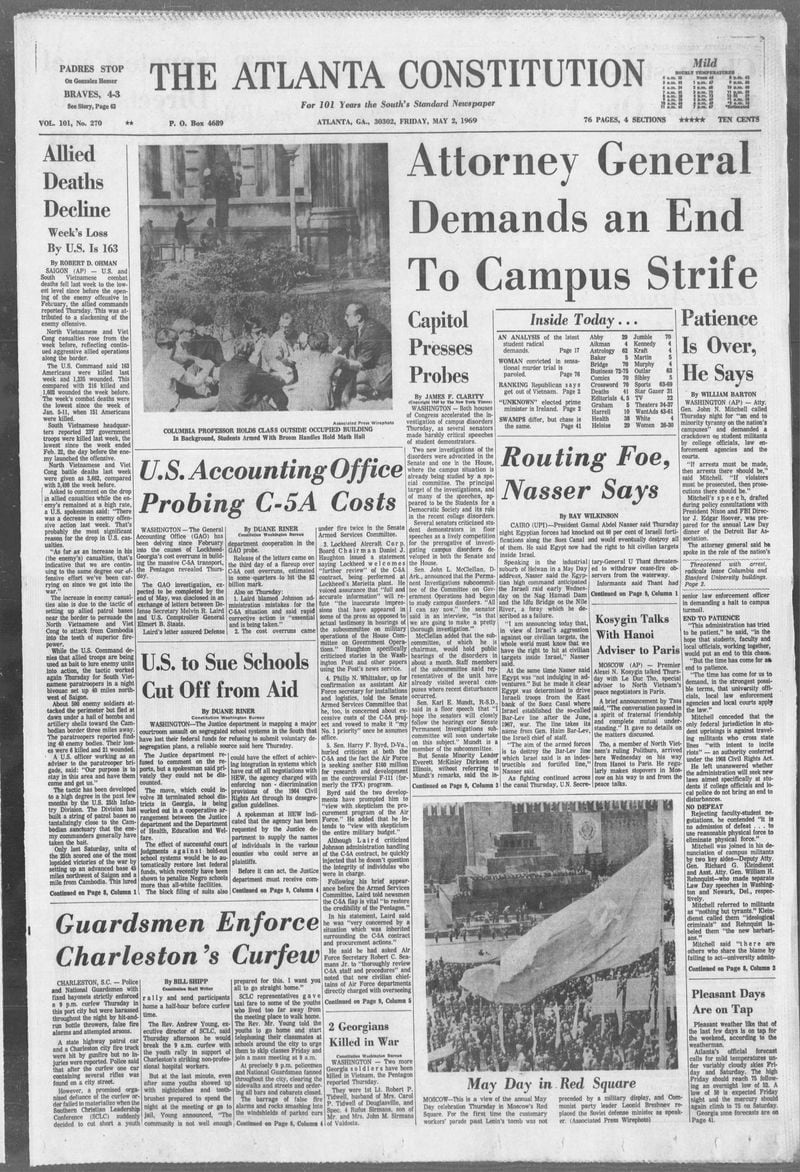 The Atlanta Constitution front page on May 2, 1969.
