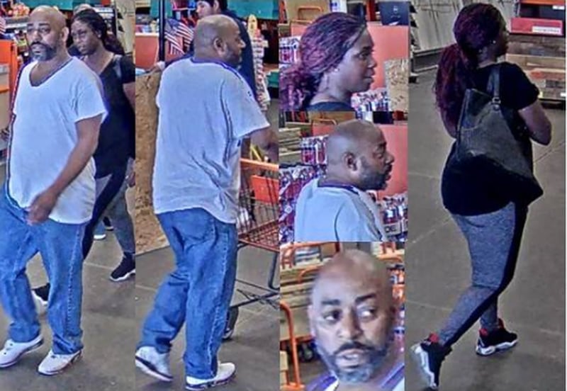 The two suspects in these surveillance photos were identified as Gregory Demond Woodward and Tasha Wilson by police. 