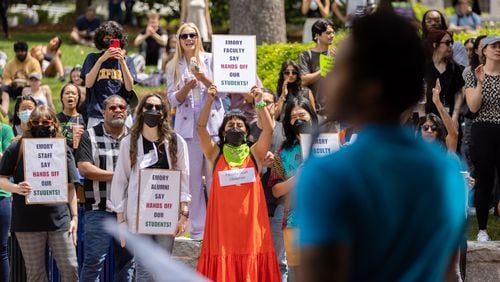 Emory faculty and staff protest April 29 at Emory University in Atlanta. (Arvin Temkar/The Atlanta Journal-Constitution)