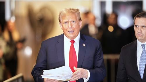 Former President Donald Trump leaves a Manhattan criminal court on Tuesday. While his New York trial continued, the U.S. Supreme Court on Thursday heard arguments on whether Trump is immune from prosecution for acts he took as president to overturn the results of the 2020 presidential election. (Curtis Means/DailyMail.com via AP, Pool)
