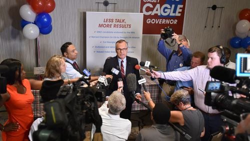July 24, 2018  - Lt. Gov. Casey Cagle speaks to members of the press before his election night watch party at Atlanta Marriott Century Center on Tuesday, July 24, 2018. Republican Party voters can choose among the party's two finalists for governor, Lt. Gov. Casey Cagle and Secretary of State Brian Kemp. The winner will advance to the Nov. 6 general election against Democrat Stacey Abrams. HYOSUB SHIN / HSHIN@AJC.COM