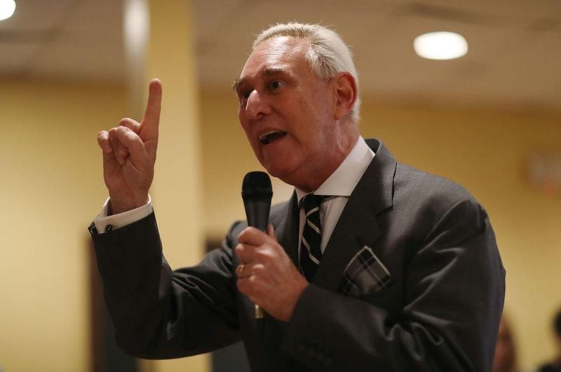  Roger Stone, a longtime political adviser and friend to President Donald Trump, speaks during a visit to the Women's Republican Club of Miami, Federated before signing copies of his book 'The Making of the President 2016' at the John Martin's Irish Pub and Restaurant on May 22, 2017 in Coral Gables, Florida. The book delves into the 2016 presidential run by Donald Trump.  (Photo by Joe Raedle/Getty Images)