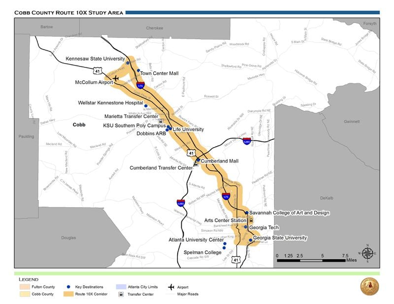 This undated map shows the Cobb County Route 10x study area, identifying key destinations potential riders would be interested in. Graphic courtesy of Cobb County.