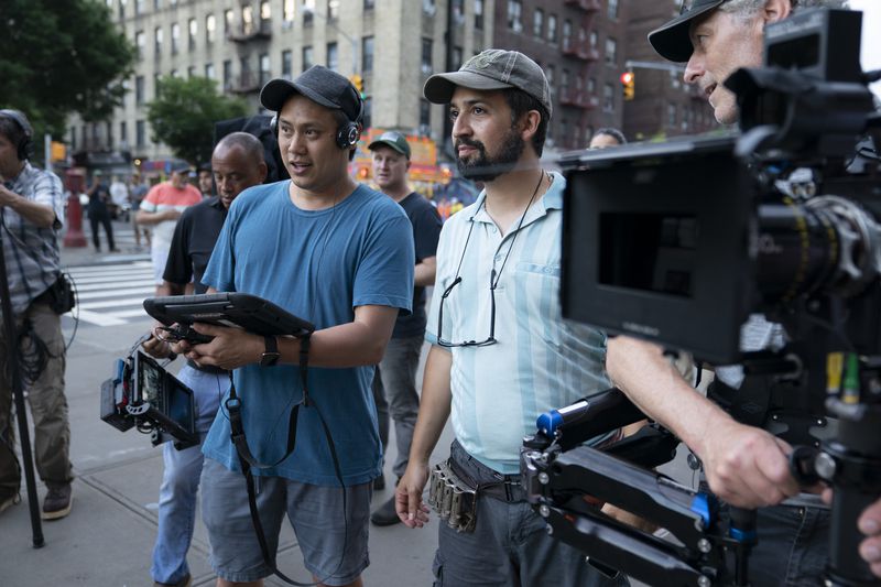 Director Jon M. Chu (left) and creator Lin-Manuel Miranda on the set of "In the Heights."