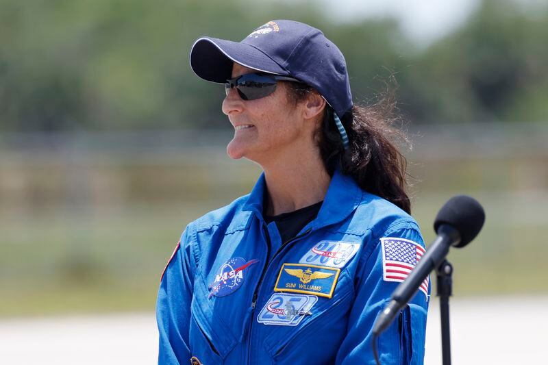 NASA astronaut Suni Williams speaks to the media after arriving at the Kennedy Space Center, Thursday, April 25, 2024, in Cape Canaveral, Fla. The crew of two test pilots will launch aboard Boeing's Starliner capsule atop an Atlas rocket to the International Space Station, scheduled for liftoff on May 6, 2024. (AP Photo/Terry Renna)