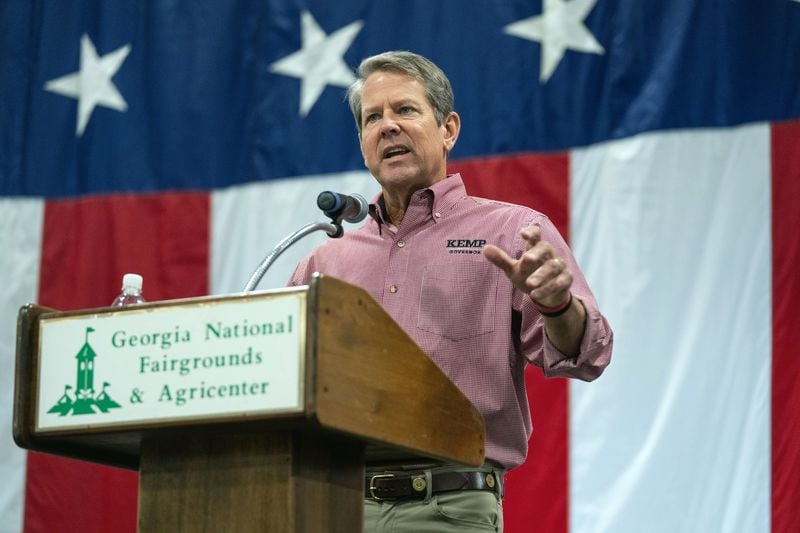 Gov. Brian Kemp speaks Saturday at a reelection campaign event in Perry. (Haiyun Jiang/The New York Times)