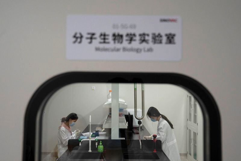 FILE - Workers in a Molecular Biology Lab in the SinoVac vaccine factory in Beijing on Thursday, Sept. 24, 2020. (AP Photo/Ng Han Guan, File)