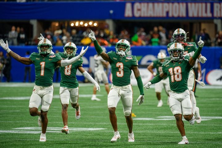 Florida A&M celebrates its victory over Howard in the Celebration Bowl at Mercedes Benz Stadium in Atlanta, Georgia on Dec. 16, 2023. (Jamie Spaar for the Atlanta Journal Constitution)