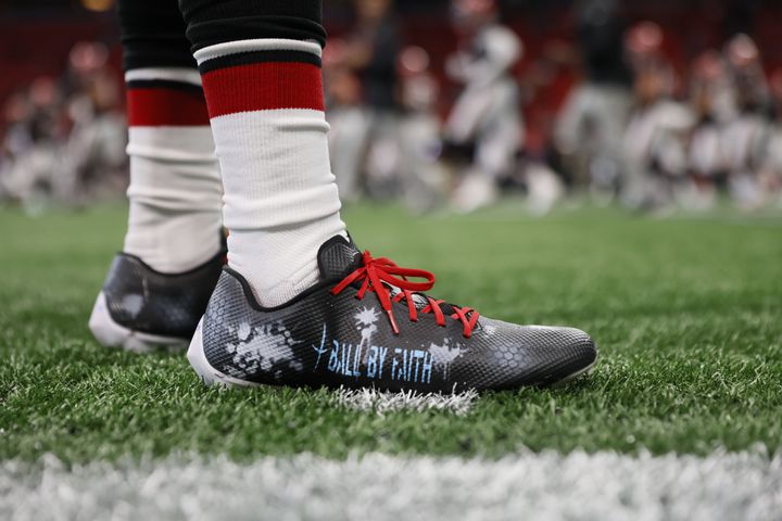 Falcons cornerback Darren Hall wears specially designed shoes for "My Cause My Cleats" on Sunday at Mercedes-Benz Stadium. (Miguel Martinez / miguel.martinezjimenez@ajc.com)