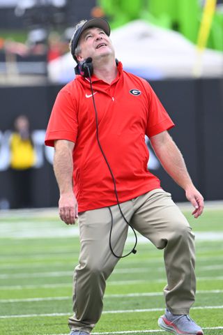 Georgia head coach Kirby Smart reacts during the second half of an NCAA football game against Vanderbilt, Saturday, Oct. 14, 2023, in Nashville, Tenn. Georgia won 37-20. (Special to the AJC/John Amis)