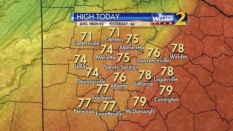 Highs are expected to reach the 70s Wednesday in metro Atlanta. (Credit: Channel 2 Action News)