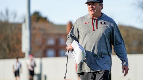Georgia coach Kirby Smart and his staff have their hands full bringing 33 newly arrived players up to speed during the Bulldogs' 15 spring practice sessions at the Butts-Mehre Football Complex this year. (Photo by Tony Walsh/UGA Athletics)