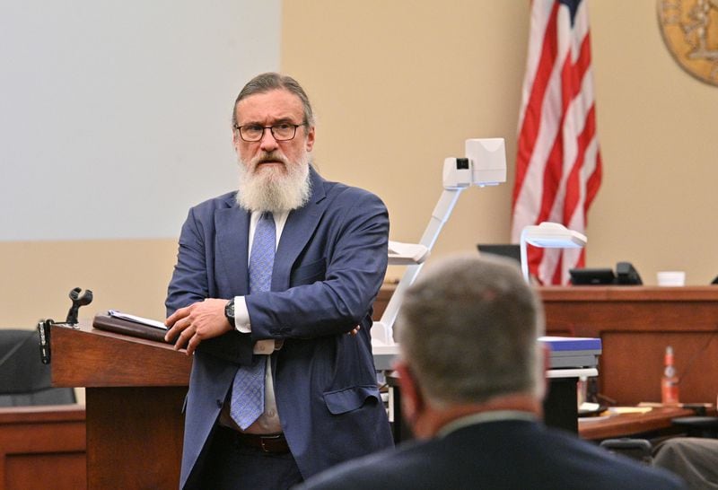 Attorney William McCall Calhoun speaks to the panel of jury during opening statement for the murder trial of his client at the Sumter County Courthouse. Jurors were instructed not to Google the names of any of the attorneys involved in the trial that day. Of his own legal troubles, Calhoun says, “They offered me a felony,” he said. “I know I didn’t commit a felony.” (Hyosub Shin / Hyosub.Shin@ajc.com)