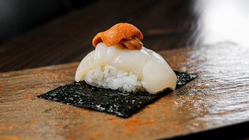 Uni Hotate - sea urchin, scallop, Maruyama Nori - at Brush Sushi Izakaya. (BECKY STEIN PHOTOGRAPHY) (BECKY STEIN PHOTOGRAPHY)